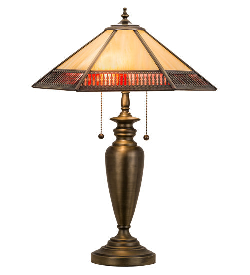 Meyda Lighting Gothic 25" 2-Light Antique Brass Table Lamp With Red & Beige Iridescent Shade Glass