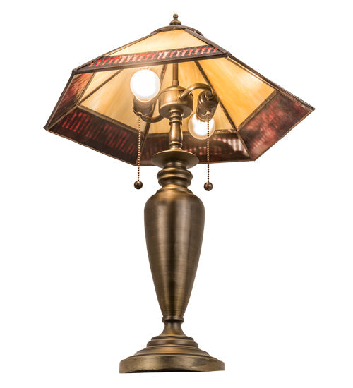 Meyda Lighting Gothic 25" 2-Light Antique Brass Table Lamp With Red & Beige Iridescent Shade Glass