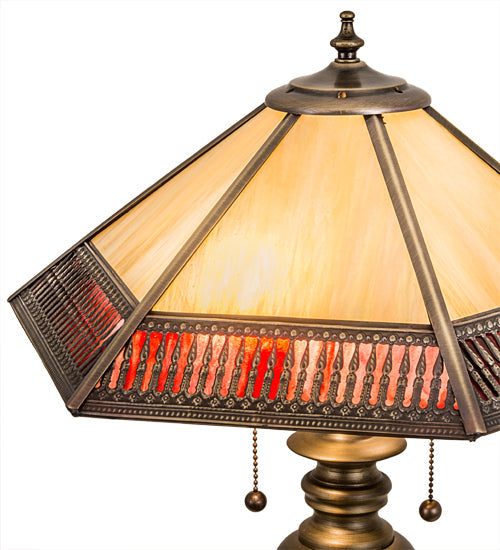 Meyda Lighting Gothic 25" 2-Light Antique Brass Table Lamp With Red & Beige Iridescent Shade Glass