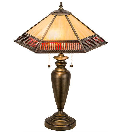 Meyda Lighting Gothic 25" 2-Light Antique Brass Table Lamp With Red & Beige Iridescent Shade Glass