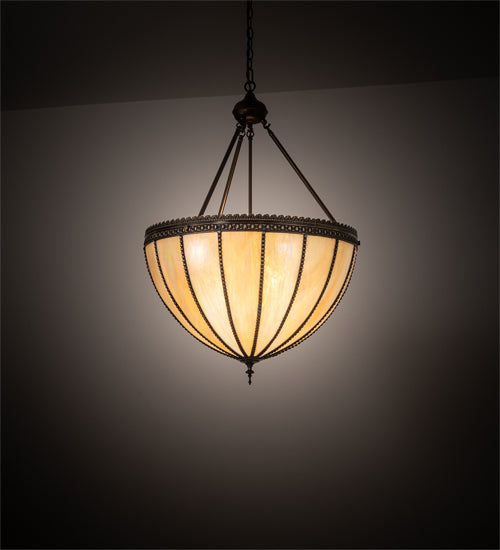 Meyda Lighting Gothic 25" 3-Light Craftsman Brown Inverted Pendant Light With Beige Iridescent Shade Glass