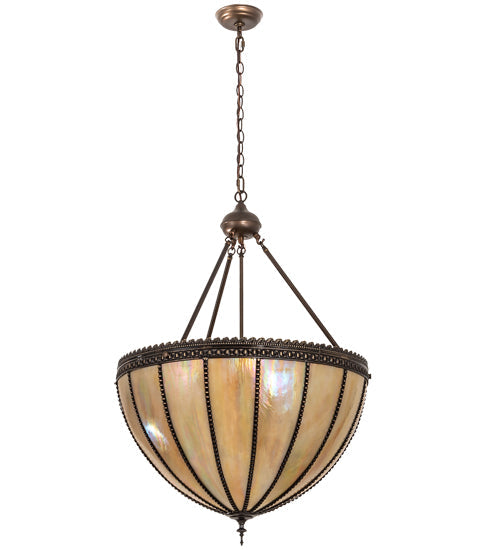 Meyda Lighting Gothic 25" 3-Light Craftsman Brown Inverted Pendant Light With Beige Iridescent Shade Glass