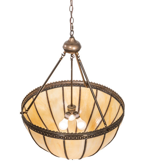 Meyda Lighting Gothic 25" 3-Light Craftsman Brown Inverted Pendant Light With Beige Iridescent Shade Glass