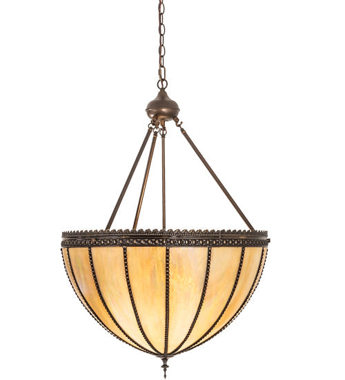 Meyda Lighting Gothic 25" 3-Light Craftsman Brown Inverted Pendant Light With Beige Iridescent Shade Glass