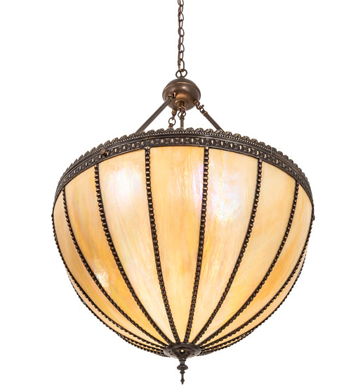 Meyda Lighting Gothic 25" 3-Light Craftsman Brown Inverted Pendant Light With Beige Iridescent Shade Glass