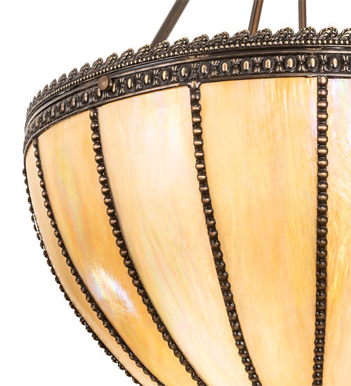 Meyda Lighting Gothic 25" 3-Light Craftsman Brown Inverted Pendant Light With Beige Iridescent Shade Glass
