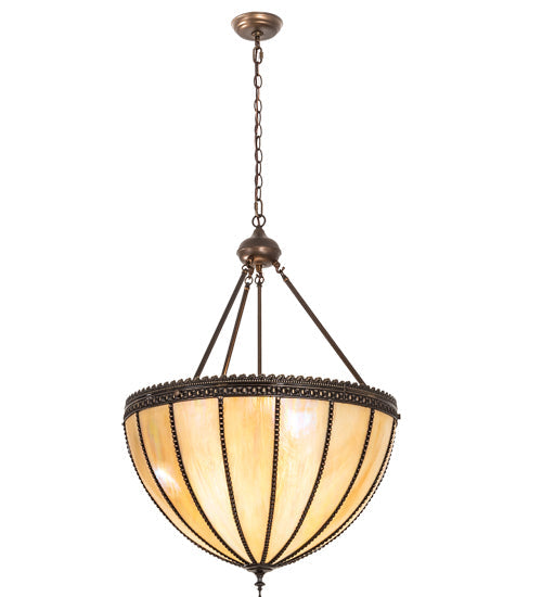 Meyda Lighting Gothic 25" 3-Light Craftsman Brown Inverted Pendant Light With Beige Iridescent Shade Glass