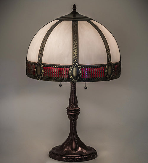 Meyda Lighting Gothic 26" 2-Light Craftsman Brown Highlighted Table Lamp With Red & White Iridescent Shade Glass