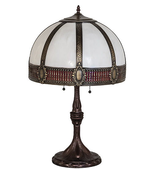 Meyda Lighting Gothic 26" 2-Light Craftsman Brown Highlighted Table Lamp With Red & White Iridescent Shade Glass