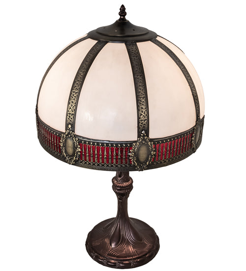 Meyda Lighting Gothic 26" 2-Light Craftsman Brown Highlighted Table Lamp With Red & White Iridescent Shade Glass
