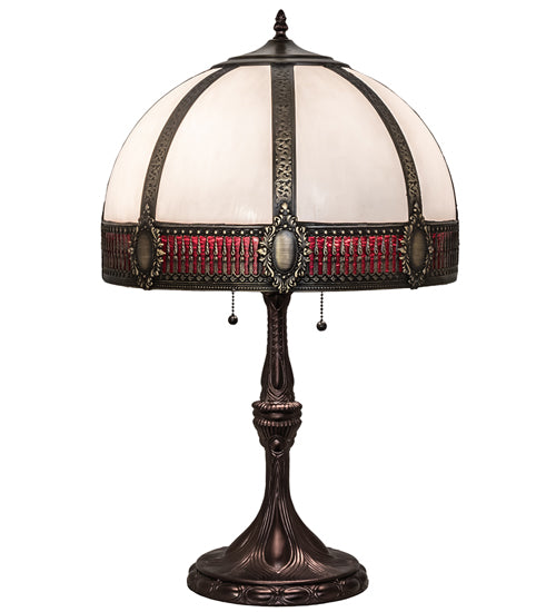 Meyda Lighting Gothic 26" 2-Light Craftsman Brown Highlighted Table Lamp With Red & White Iridescent Shade Glass