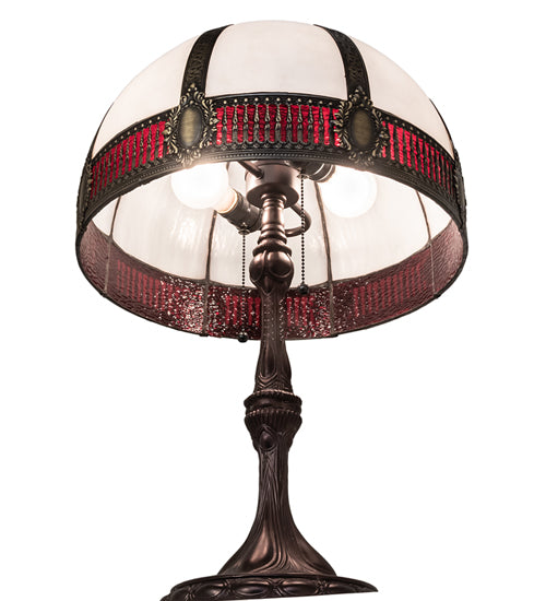Meyda Lighting Gothic 26" 2-Light Craftsman Brown Highlighted Table Lamp With Red & White Iridescent Shade Glass