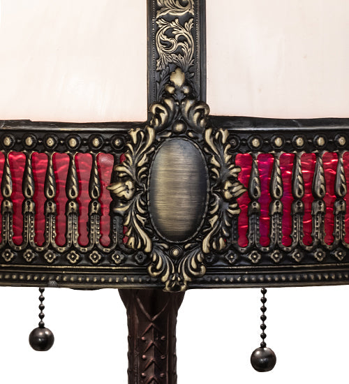 Meyda Lighting Gothic 26" 2-Light Craftsman Brown Highlighted Table Lamp With Red & White Iridescent Shade Glass