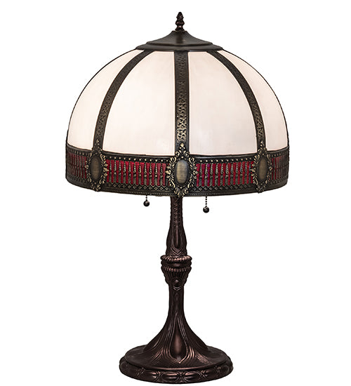 Meyda Lighting Gothic 26" 2-Light Craftsman Brown Highlighted Table Lamp With Red & White Iridescent Shade Glass
