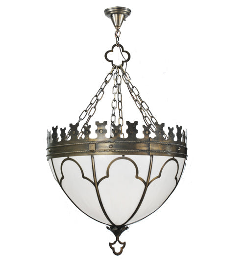 Meyda Lighting Gothic 26" 3-Light Antique Brass Inverted Pendant Light With White Shade Glass