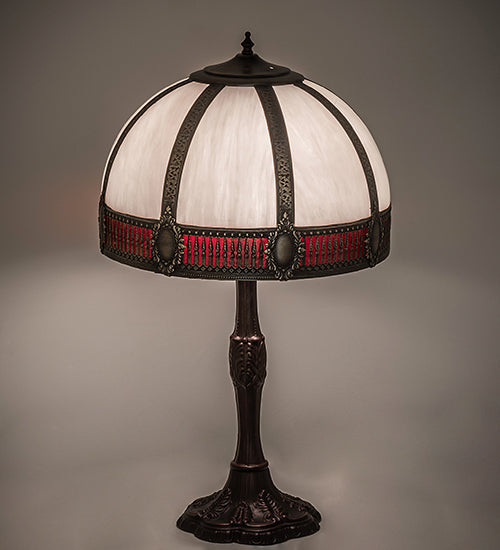 Meyda Lighting Gothic 27" 3-Light Craftsman Brown Highlighted Table Lamp With Red & White Iridescent Shade Glass