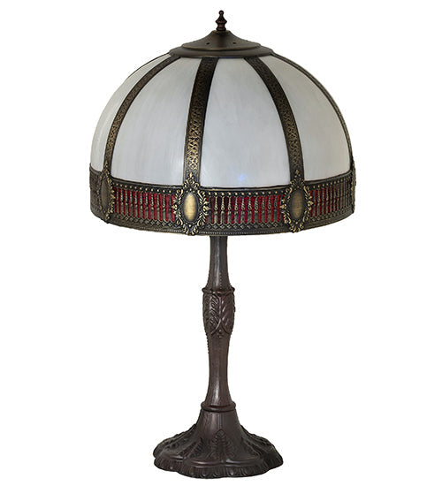 Meyda Lighting Gothic 27" 3-Light Craftsman Brown Highlighted Table Lamp With Red & White Iridescent Shade Glass