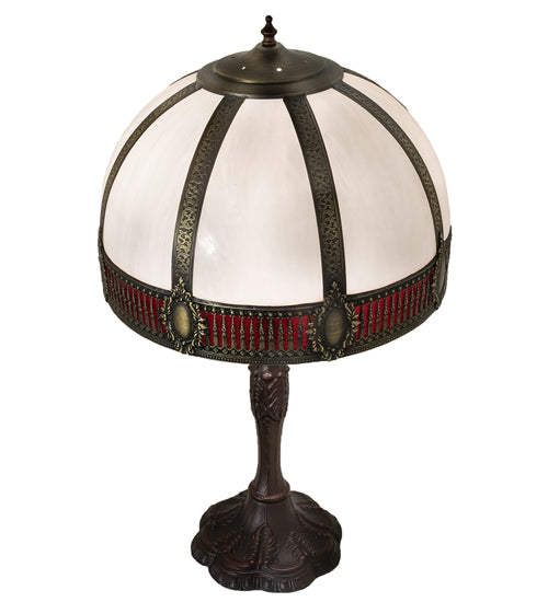 Meyda Lighting Gothic 27" 3-Light Craftsman Brown Highlighted Table Lamp With Red & White Iridescent Shade Glass
