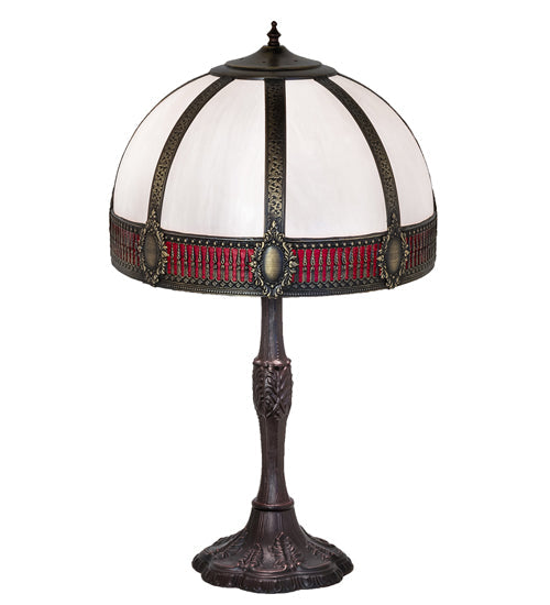 Meyda Lighting Gothic 27" 3-Light Craftsman Brown Highlighted Table Lamp With Red & White Iridescent Shade Glass