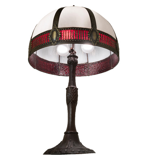 Meyda Lighting Gothic 27" 3-Light Craftsman Brown Highlighted Table Lamp With Red & White Iridescent Shade Glass
