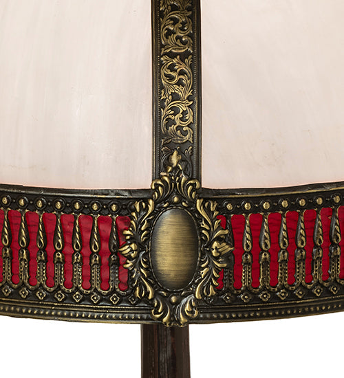 Meyda Lighting Gothic 27" 3-Light Craftsman Brown Highlighted Table Lamp With Red & White Iridescent Shade Glass