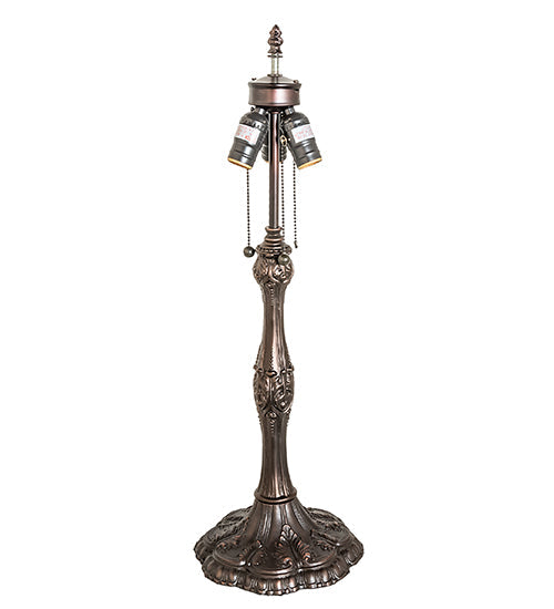 Meyda Lighting Gothic 27" 3-Light Craftsman Brown Highlighted Table Lamp With Red & White Iridescent Shade Glass