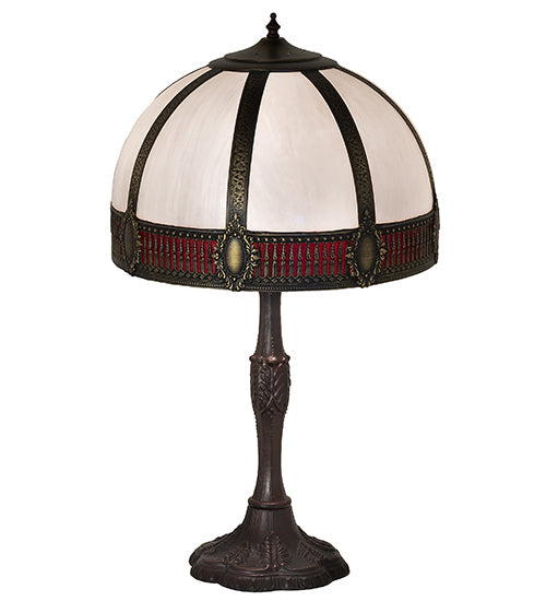 Meyda Lighting Gothic 27" 3-Light Craftsman Brown Highlighted Table Lamp With Red & White Iridescent Shade Glass