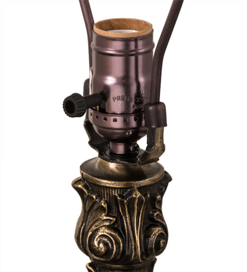 Meyda Lighting Gothic 27" Craftsman Brown Highlighted Table Lamp With White & Red Art Shade Glass