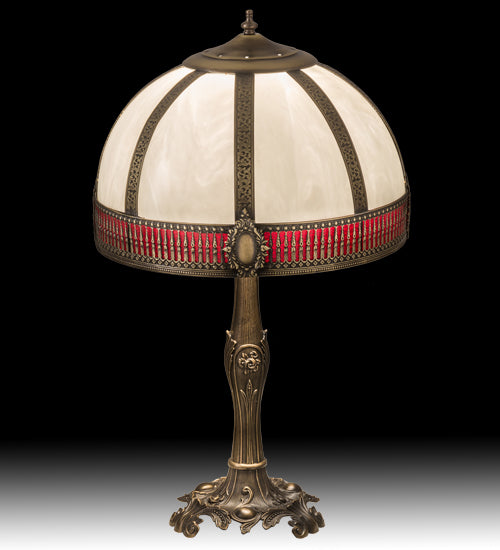 Meyda Lighting Gothic 27" Craftsman Brown Highlighted Table Lamp With White & Red Art Shade Glass