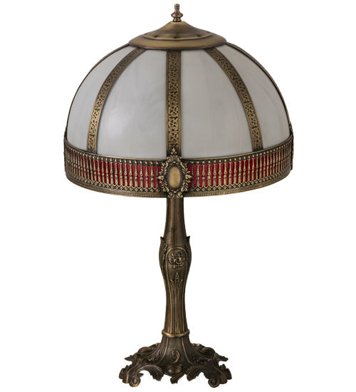 Meyda Lighting Gothic 27" Craftsman Brown Highlighted Table Lamp With White & Red Art Shade Glass