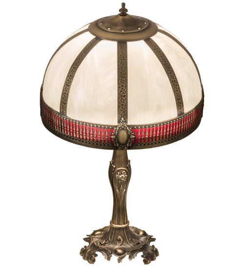 Meyda Lighting Gothic 27" Craftsman Brown Highlighted Table Lamp With White & Red Art Shade Glass