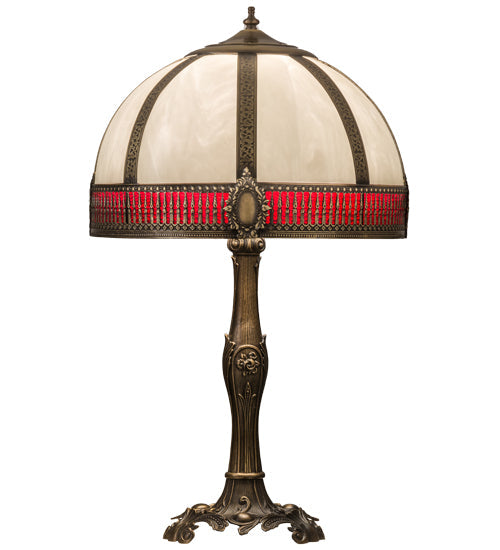 Meyda Lighting Gothic 27" Craftsman Brown Highlighted Table Lamp With White & Red Art Shade Glass