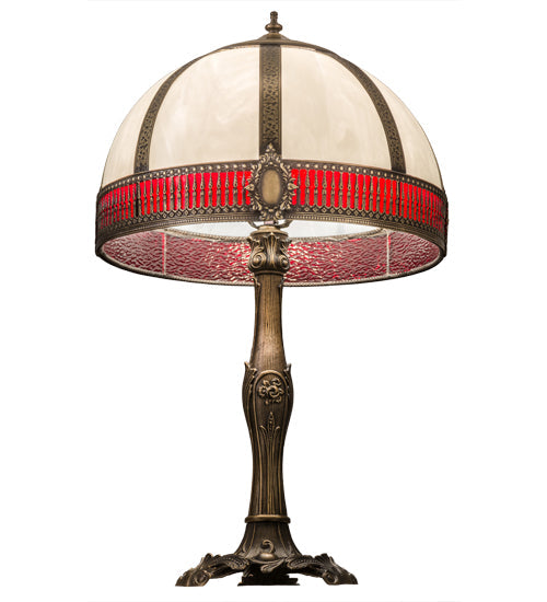 Meyda Lighting Gothic 27" Craftsman Brown Highlighted Table Lamp With White & Red Art Shade Glass