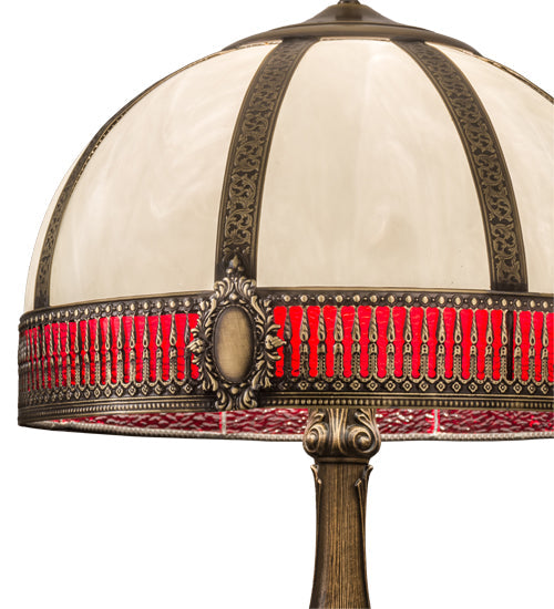 Meyda Lighting Gothic 27" Craftsman Brown Highlighted Table Lamp With White & Red Art Shade Glass