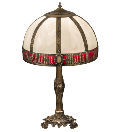 Meyda Lighting Gothic 27" Craftsman Brown Highlighted Table Lamp With White & Red Art Shade Glass