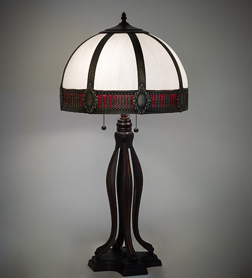 Meyda Lighting Gothic 31" 3-Light Craftsman Brown Highlighted Table Lamp With Red & White Iridescent Shade Glass