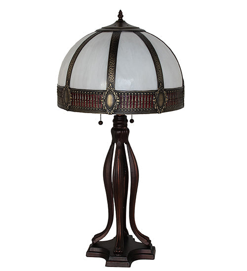 Meyda Lighting Gothic 31" 3-Light Craftsman Brown Highlighted Table Lamp With Red & White Iridescent Shade Glass
