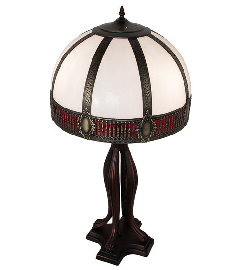 Meyda Lighting Gothic 31" 3-Light Craftsman Brown Highlighted Table Lamp With Red & White Iridescent Shade Glass