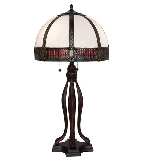 Meyda Lighting Gothic 31" 3-Light Craftsman Brown Highlighted Table Lamp With Red & White Iridescent Shade Glass