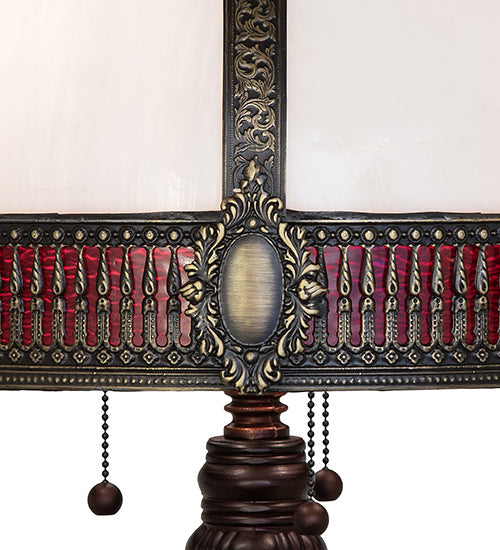 Meyda Lighting Gothic 31" 3-Light Craftsman Brown Highlighted Table Lamp With Red & White Iridescent Shade Glass