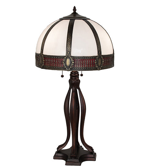 Meyda Lighting Gothic 31" 3-Light Craftsman Brown Highlighted Table Lamp With Red & White Iridescent Shade Glass
