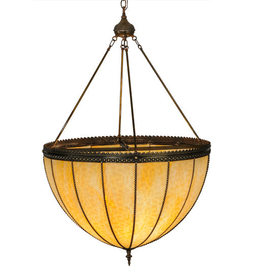 Meyda Lighting Gothic 32" 4-Light Craftsman Brown Inverted Pendant Light With Beige Art Shade Glass