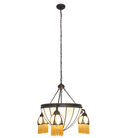 Meyda Lighting Gothic 33" 6-Light Craftsman Brown Highlighted Inverted Pendant Light With Beige Art Shade Glass