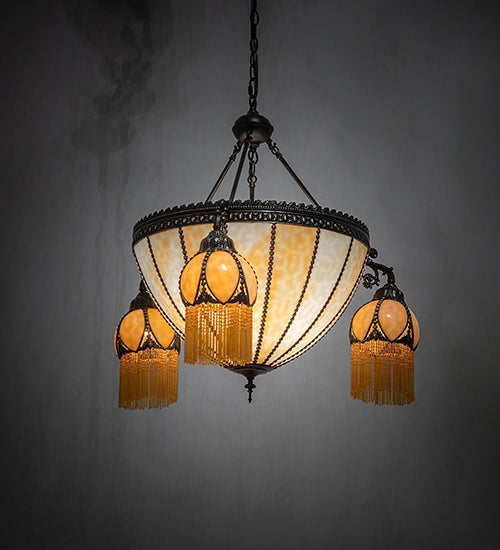Meyda Lighting Gothic 33" 6-Light Craftsman Brown Highlighted Inverted Pendant Light With Beige Art Shade Glass