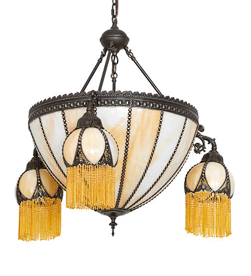 Meyda Lighting Gothic 33" 6-Light Craftsman Brown Highlighted Inverted Pendant Light With Beige Art Shade Glass