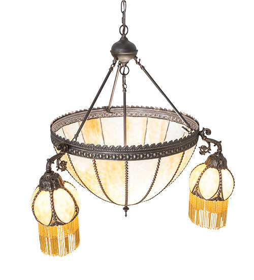 Meyda Lighting Gothic 33" 6-Light Craftsman Brown Highlighted Inverted Pendant Light With Beige Art Shade Glass