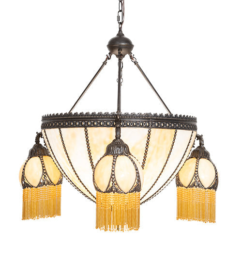 Meyda Lighting Gothic 33" 6-Light Craftsman Brown Highlighted Inverted Pendant Light With Beige Art Shade Glass