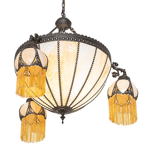 Meyda Lighting Gothic 33" 6-Light Craftsman Brown Highlighted Inverted Pendant Light With Beige Art Shade Glass