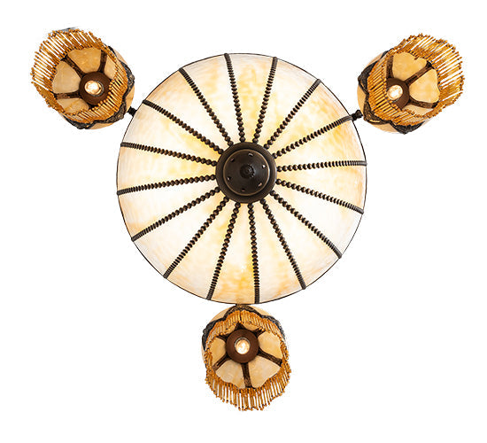 Meyda Lighting Gothic 33" 6-Light Craftsman Brown Highlighted Inverted Pendant Light With Beige Art Shade Glass
