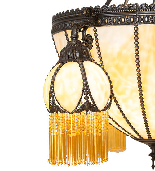 Meyda Lighting Gothic 33" 6-Light Craftsman Brown Highlighted Inverted Pendant Light With Beige Art Shade Glass